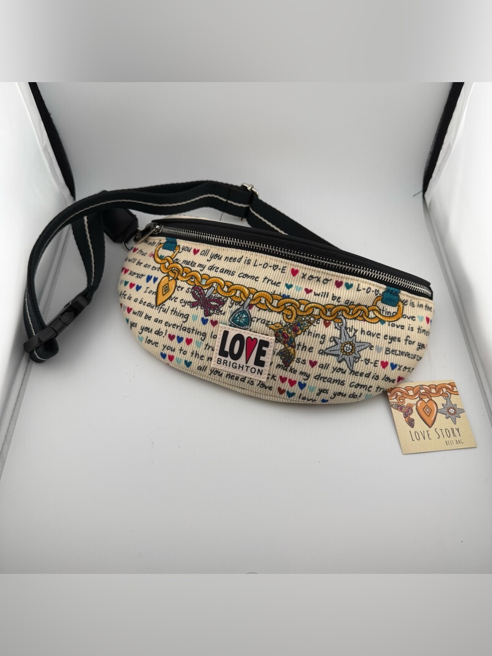 Brighton Love Story Belt Bag Fanny Pack Crossbody Multi Corduroy Heart Charm NWT